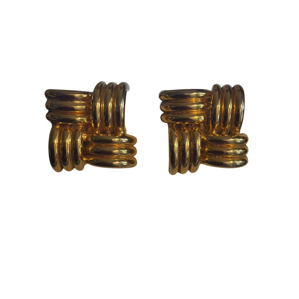 Vintage Liz Claiborne Gold Tone Clip On Earrings Basket Weave Ribbed .75" Estate
